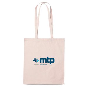 Bolsa de tela color beige con logotipo de Fundación MTP estampado en el centro.