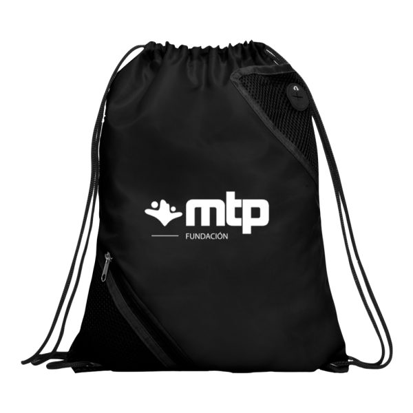 Mochila tipo saco multiusos, resistente al agua y con cordones de ajuste a la espalda en color negro.