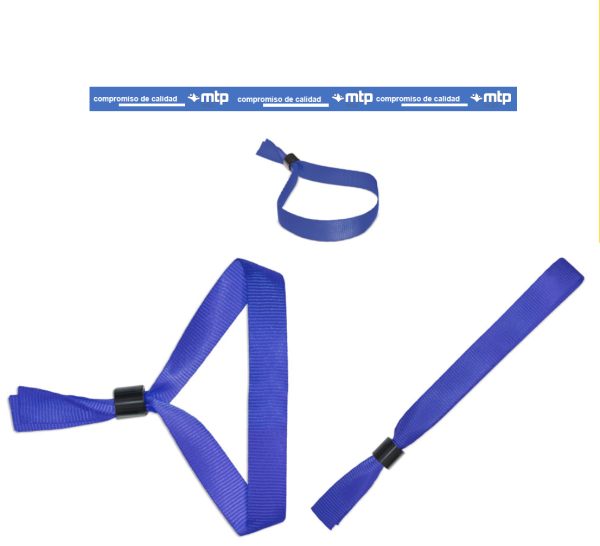 5 pulseras de tela de color azul con logotipo de Fundación MTP