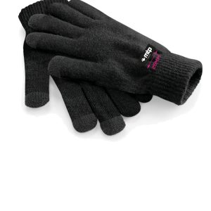 Guantes táctiles gris oscuro con logo de la Fundación MTP.