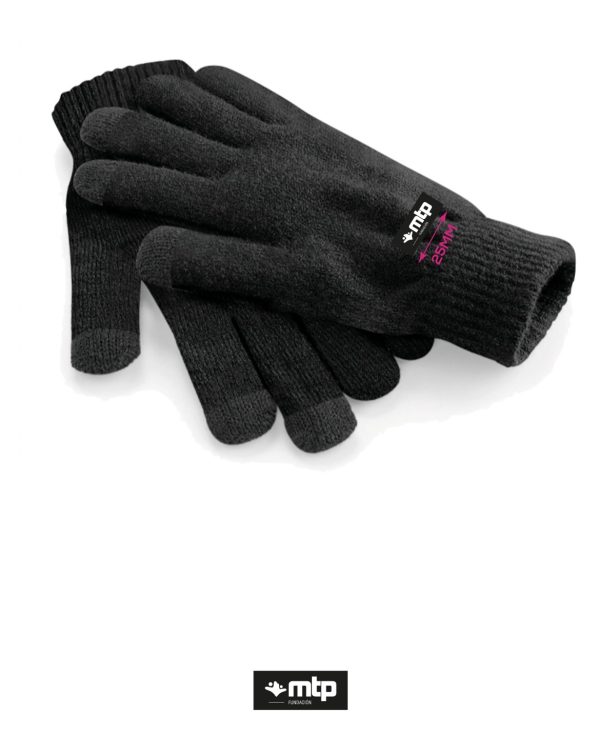 Guantes táctiles gris oscuro con logo de la Fundación MTP.