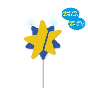 Vela con dos estrellas superpuestas una en amarillo y otra azul y con dos mechas.